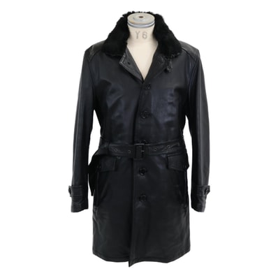 バーバリーブラックレーベル ブラック ラビットファー付き ラムレザー シングルトレンチコート LL