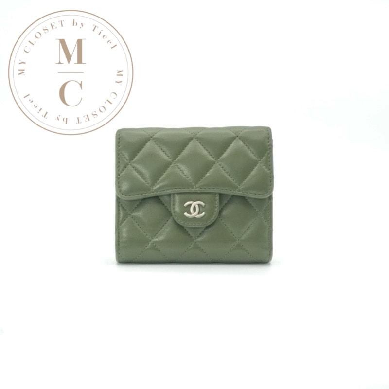 シャネル CHANEL 財布 三つ折り財布 ミニ財布 ミニウォレット カーキグリーン シルバー ココマーク クラシック スモール ウォレット コインケース