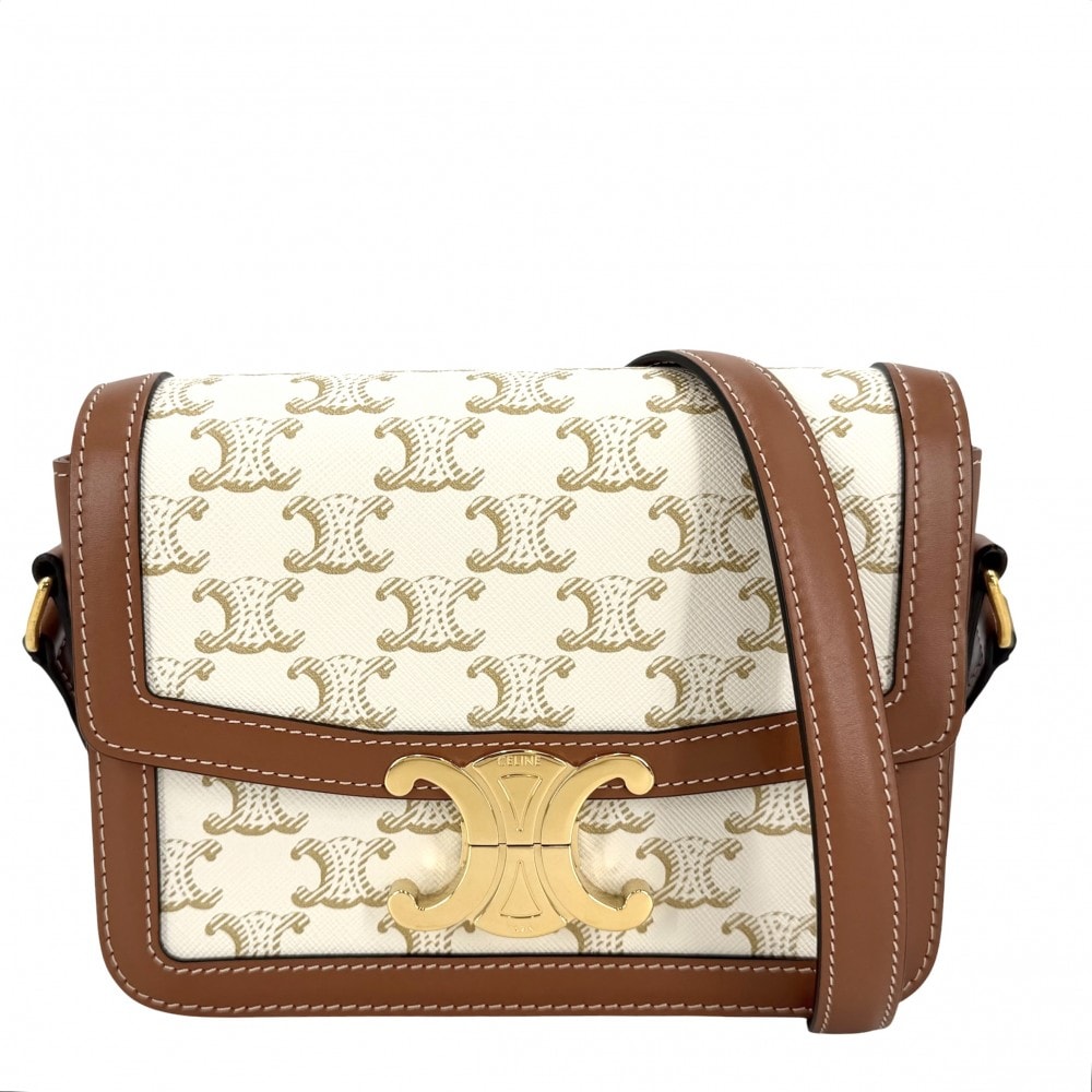 CELINE セリーヌ ショルダーバッグ ティーン トリオンフ 肩掛け 斜め掛け PVCコーティングキャンバス  レザー   ホワイト 白 ブラウン 茶 ゴールド金具 レディース 美品【中古品】