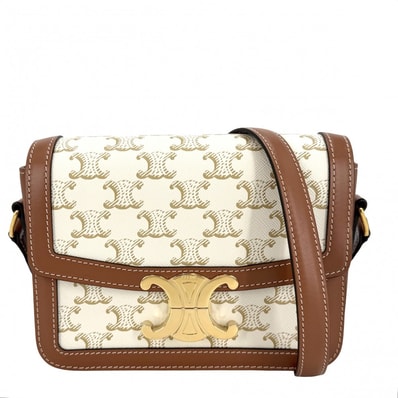 CELINE セリーヌ ショルダーバッグ ティーン トリオンフ 肩掛け 斜め掛け PVCコーティングキャンバス レザー ホワイト 白 ブラウン 茶 ゴールド金具 レディース 美品【中古品】