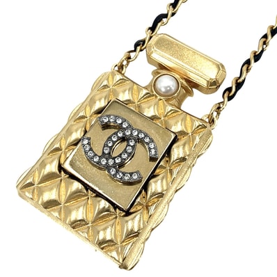 CHANEL シャネル ネックレス 香水モチーフ ココマーク ロングネックレス アクセサリー アジャスター付き パフューム GP フェイクパール ラインストーン レザー F21V ゴールド レディース 約51.1g 2021年【中古品】