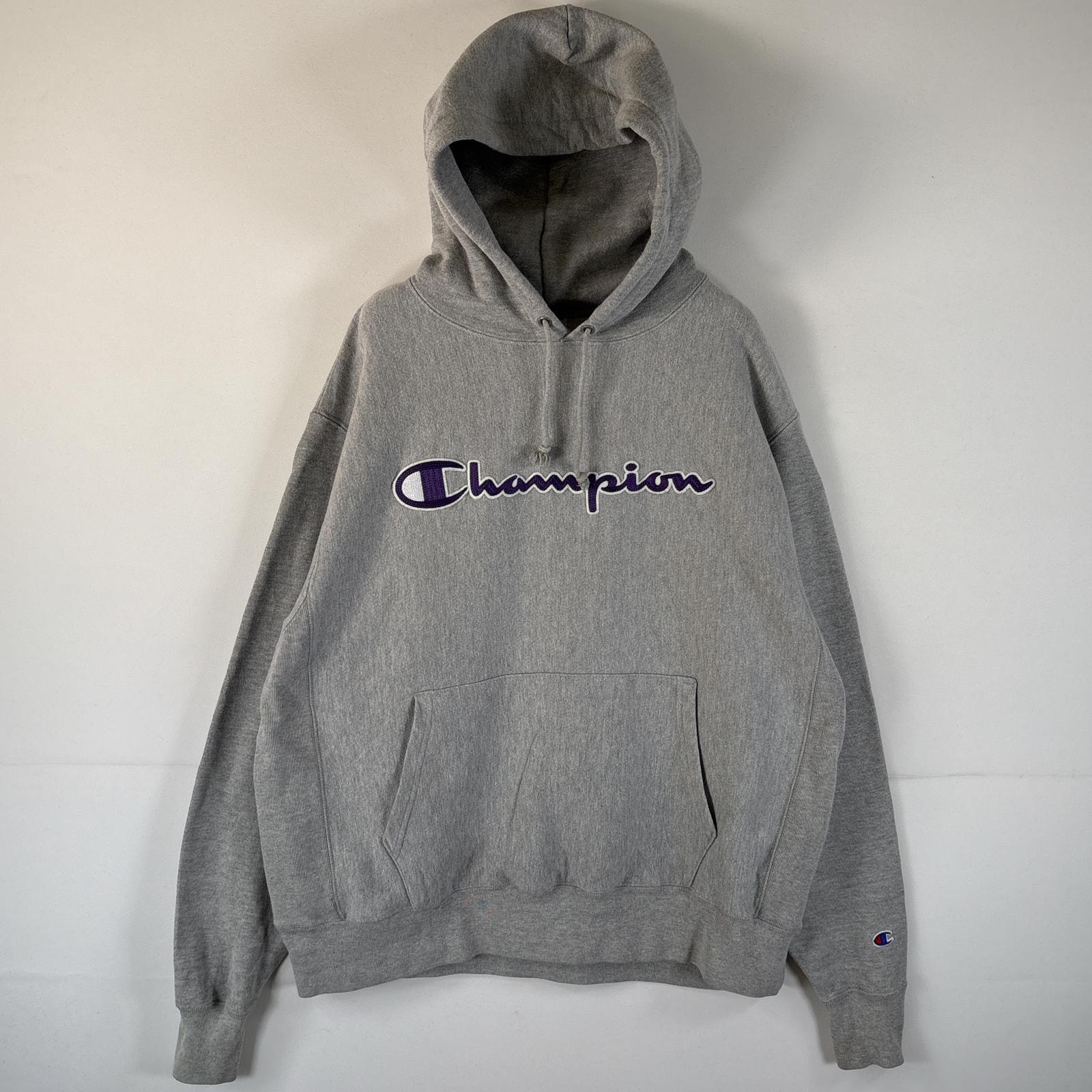 古着 チャンピオン Champion パーカー リバースウィーブ プルオーバー 復刻 ビッグロゴ 大きいサイズ LARGE  グレー メンズ