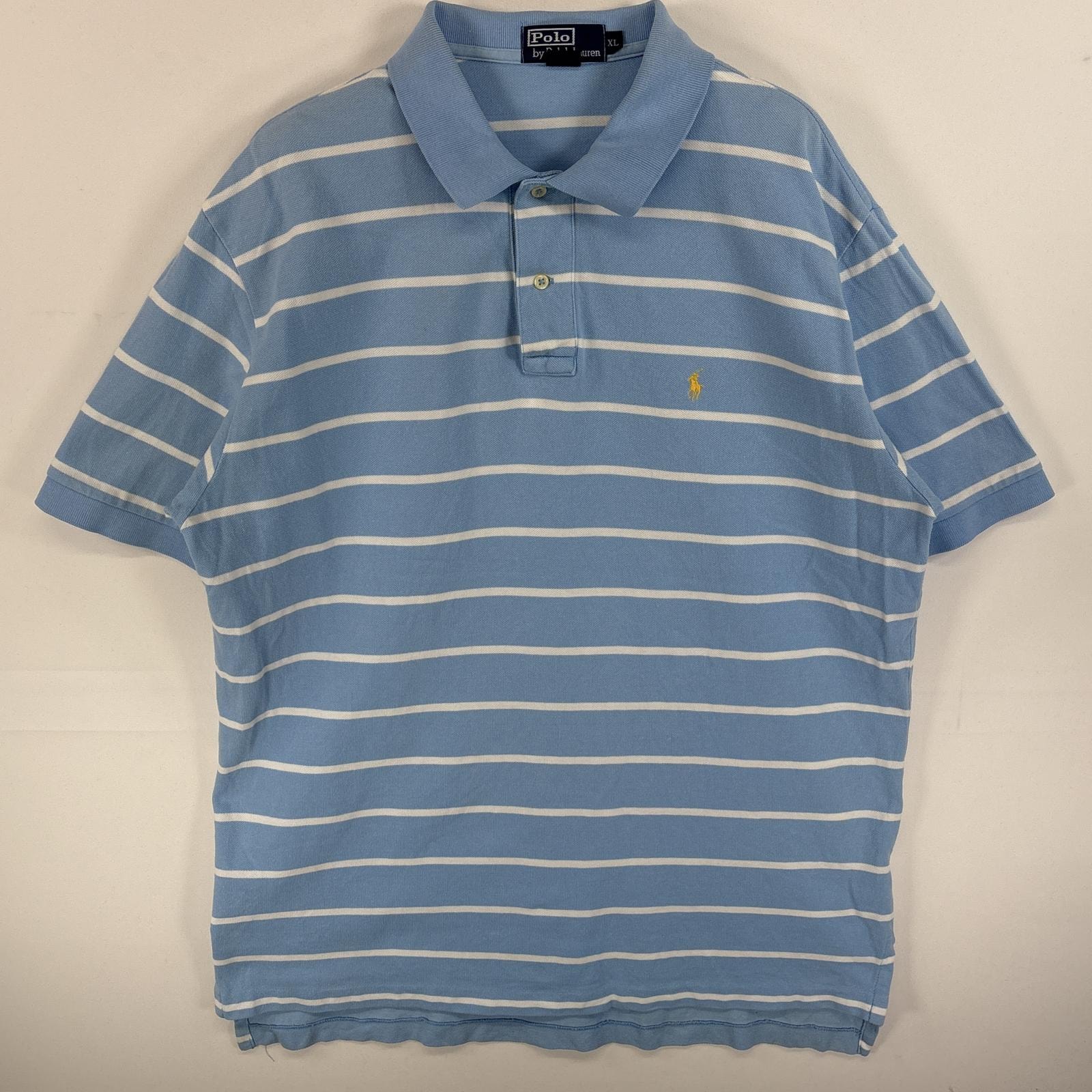 古着 90's/90年代 ポロバイラルフローレン Polo by Ralph Lauren ポロシャツ ワンポイント ロゴ 刺繍 大きいサイズ 2ボタン XL  水色系 ボーダー メンズ