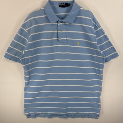 古着 90's/90年代 ポロバイラルフローレン Polo by Ralph Lauren ポロシャツ ワンポイント ロゴ 刺繍 大きいサイズ 2ボタン XL 水色系 ボーダー メンズ