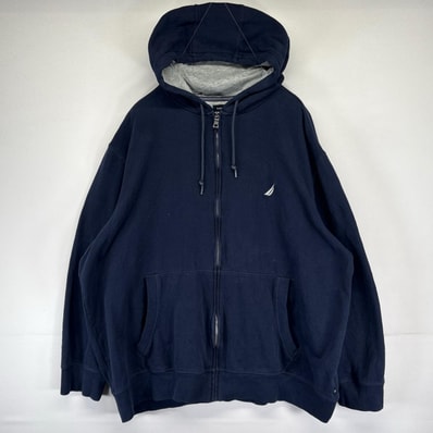 古着 ノーティカ NAUTICA パーカー スウェット フルジップ ワンポイントロゴ刺繍 大きいサイズ 2XL ネイビー メンズ