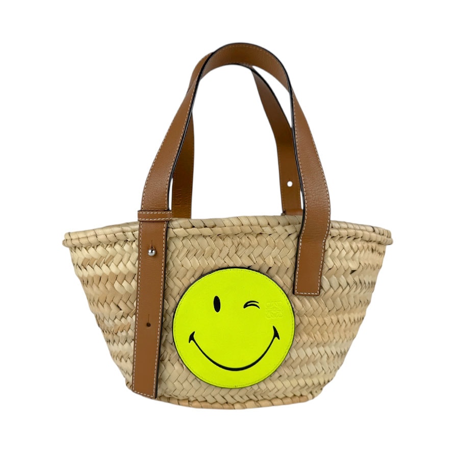 ロエベ LOEWE ハンドバッグ バスケットバッグ スモール スマイリー ストロー/レザー ベージュ/ブラウン/イエロー レディース【中古】 z4859
