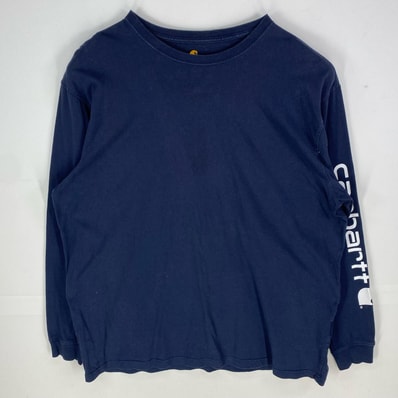 古着 カーハート Carhartt 長袖Tシャツ 袖ロゴ 大きいサイズ プルオーバー ロンT XL ネイビー系 メンズ