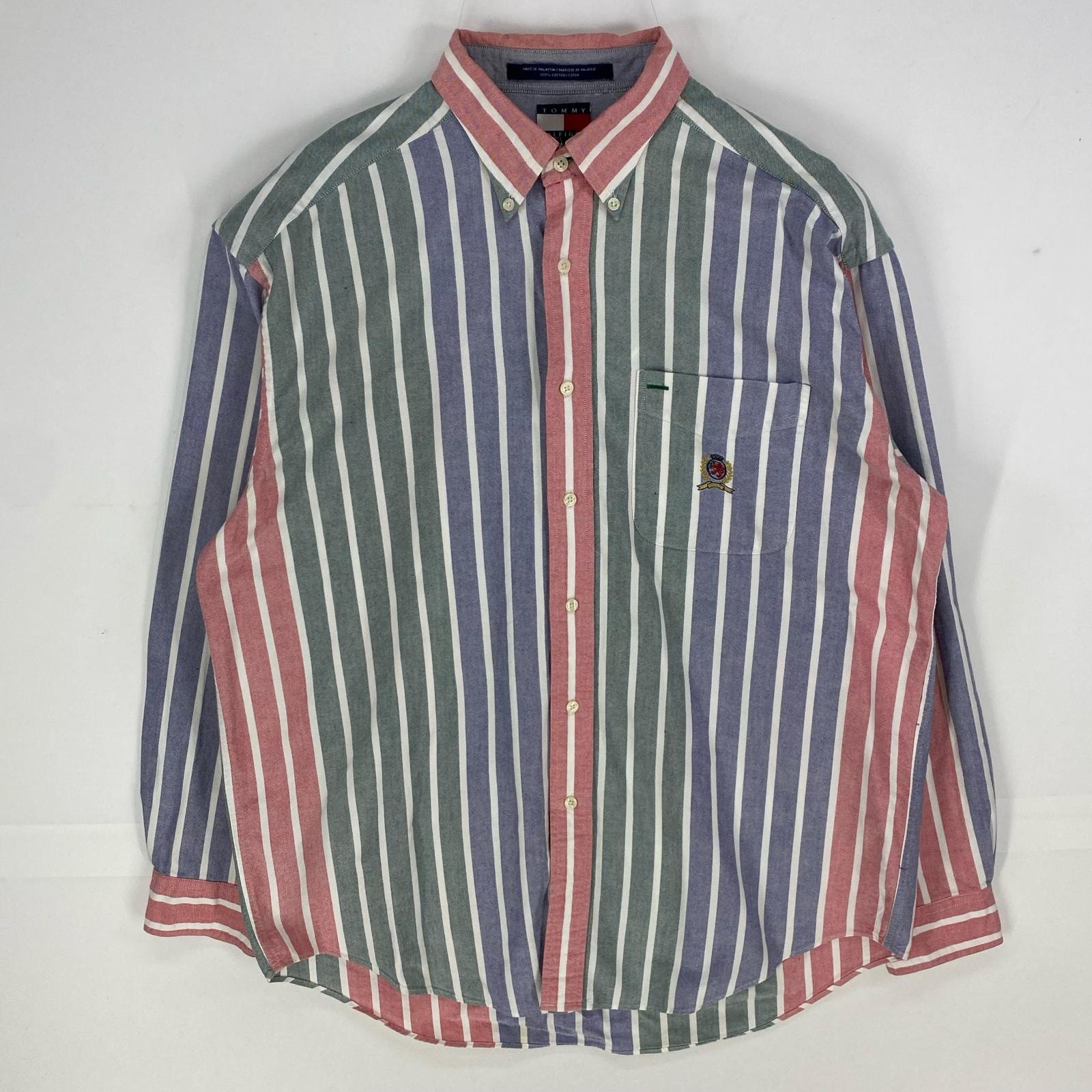 古着 90's/90年代 トミーヒルフィガー TOMMY HILFIGER 長袖シャツ 胸ポケット ボタンダウン M  グリーン系 ストライプ メンズ