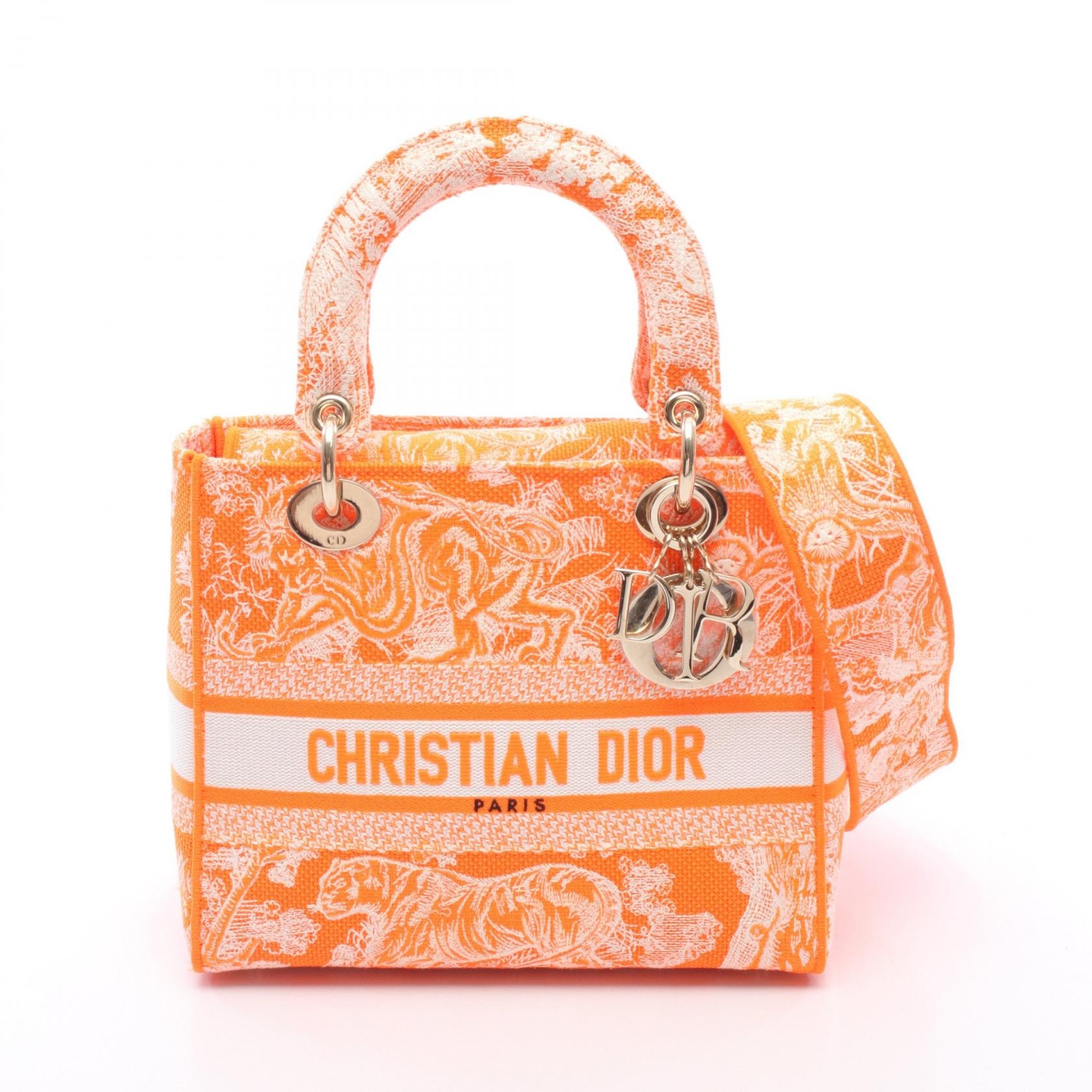 ディオール Dior LADY D-LITE ミディアム 2WAY ハンドバッグ バッグ キャンバス レディース オレンジ系 / ホワイト系 【中古】