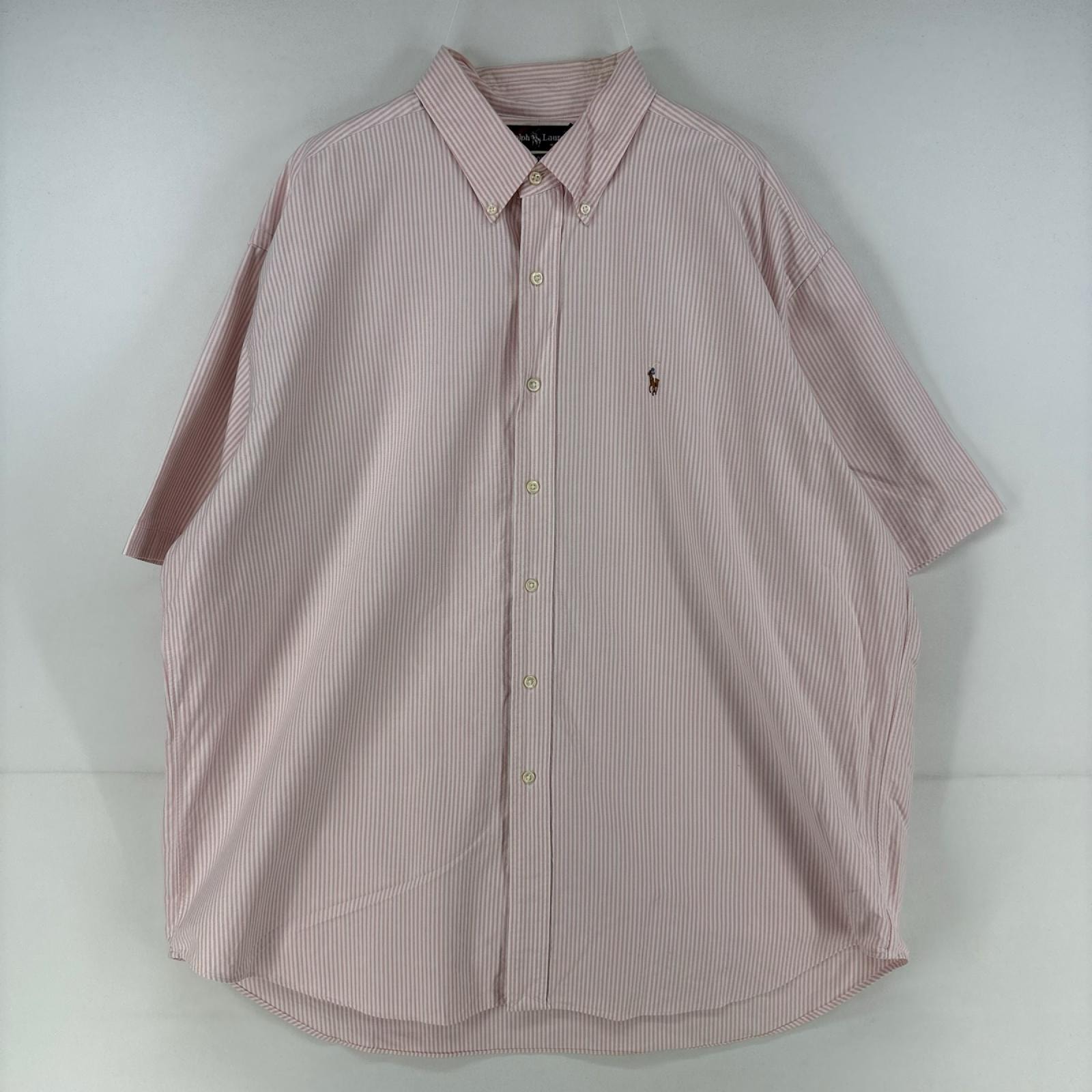 古着 ラルフローレン RALPH LAUREN 半袖シャツ ボタンダウン ワンポイントロゴ 大きいサイズ 2XL ピンク系 ストライプ メンズ