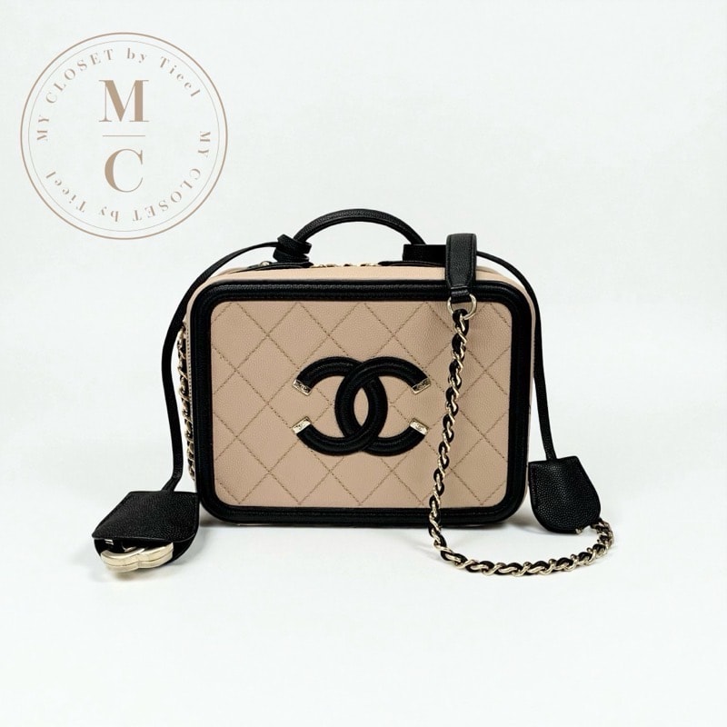 シャネル CHANEL バッグ ショルダーバッグ キャビアスキン ベージュ ブラック ゴールド ココマーク CCフィリグリー バニティ 2way チェーン