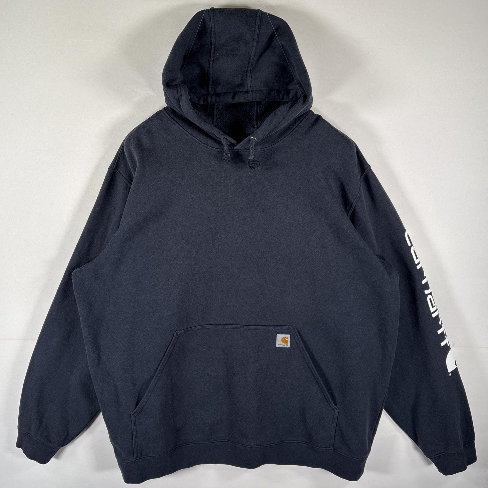 古着 カーハート Carhartt パーカー スウェット プルオーバー スリーブプリントロゴ 大きいサイズ 14042  ネイビー系 メンズ