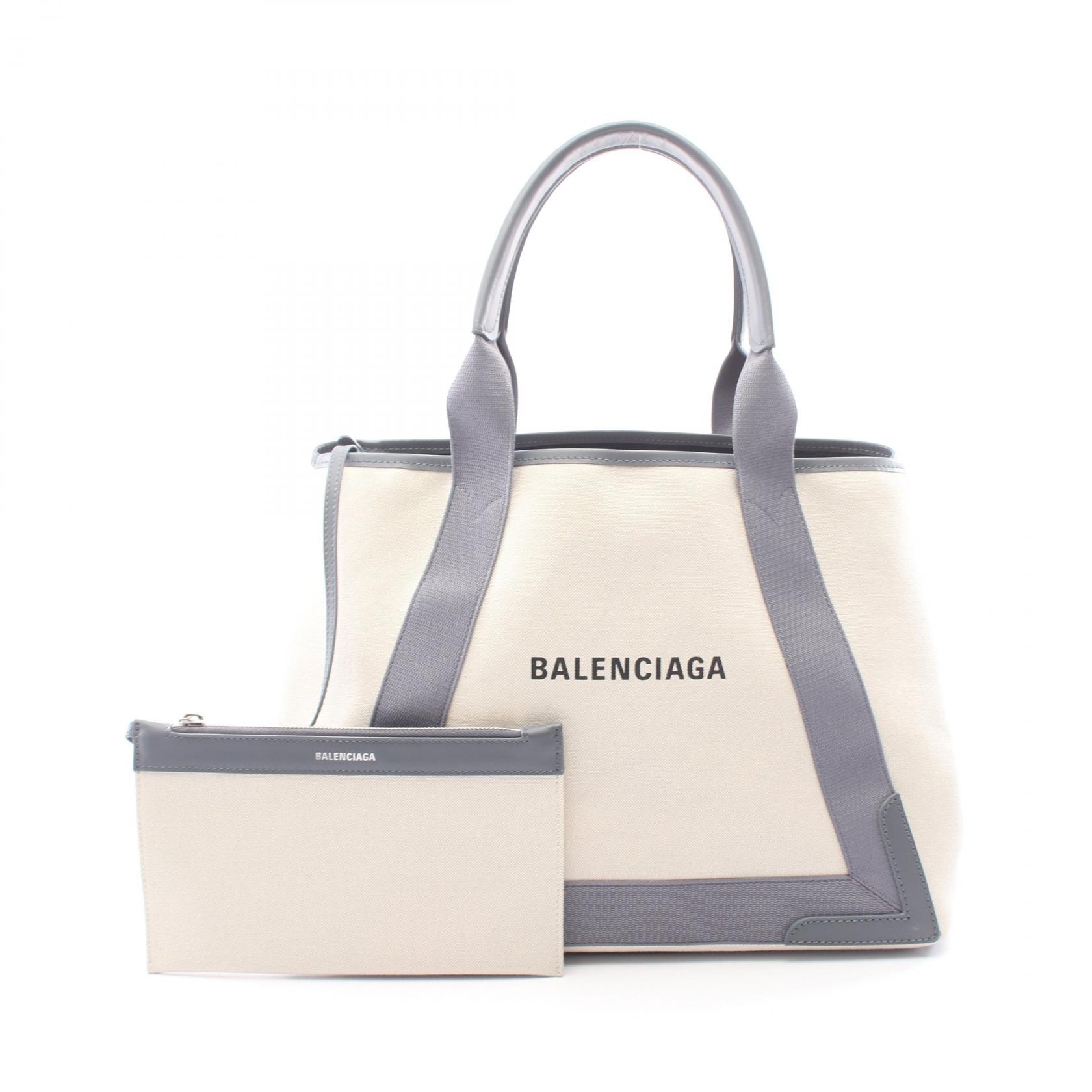 バレンシアガ BALENCIAGA NAVY CABAS NEW M ネイビーカバ トートバッグ バッグ キャンバス レザー レディース アイボリー系 / グレー系 581292 【中古】