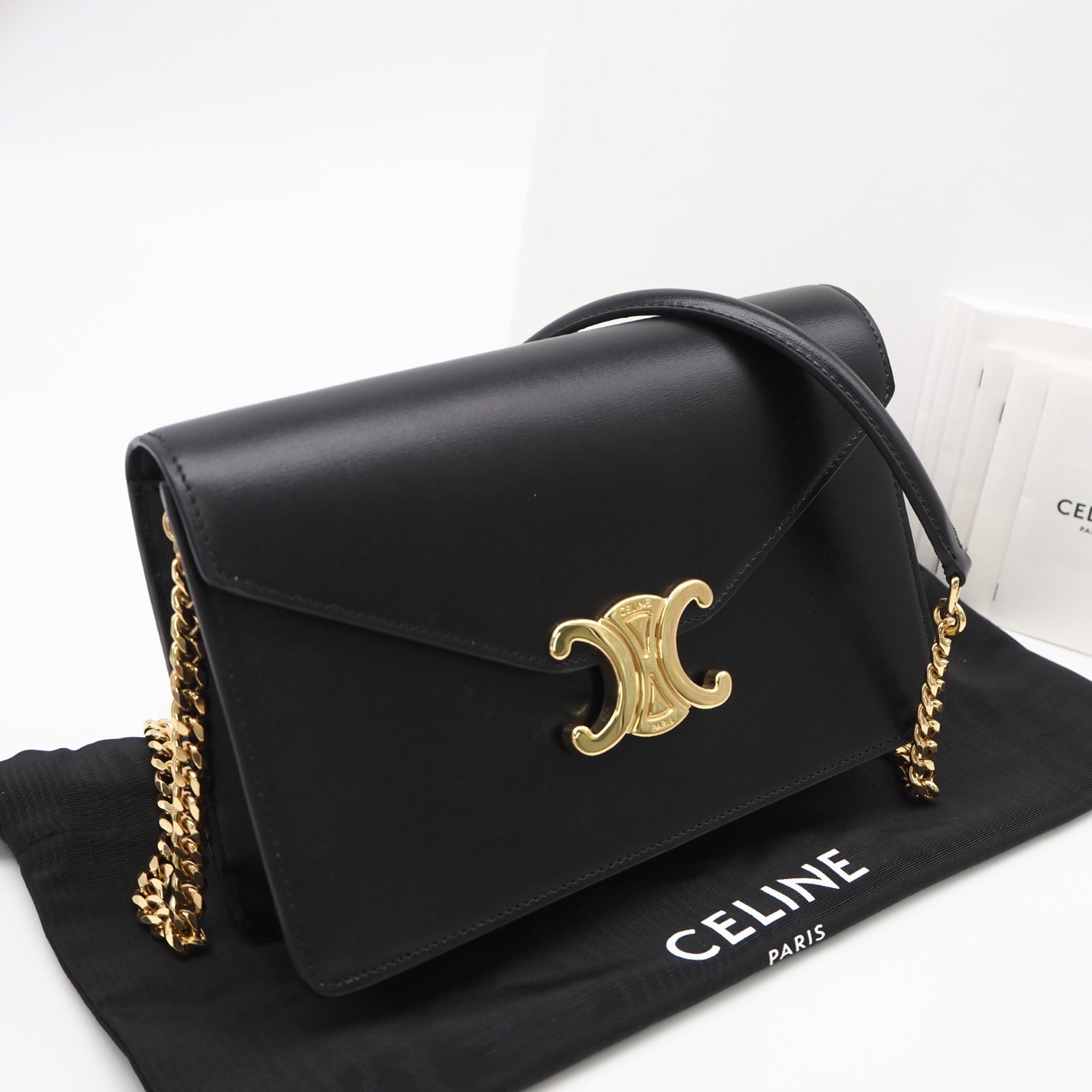 美品 CELINE セリーヌ シャイニーカーフスキン チェーンウォレット マーゴ 10L033DPV 2wayショルダーバッグ ブラック カーフレザー レディース