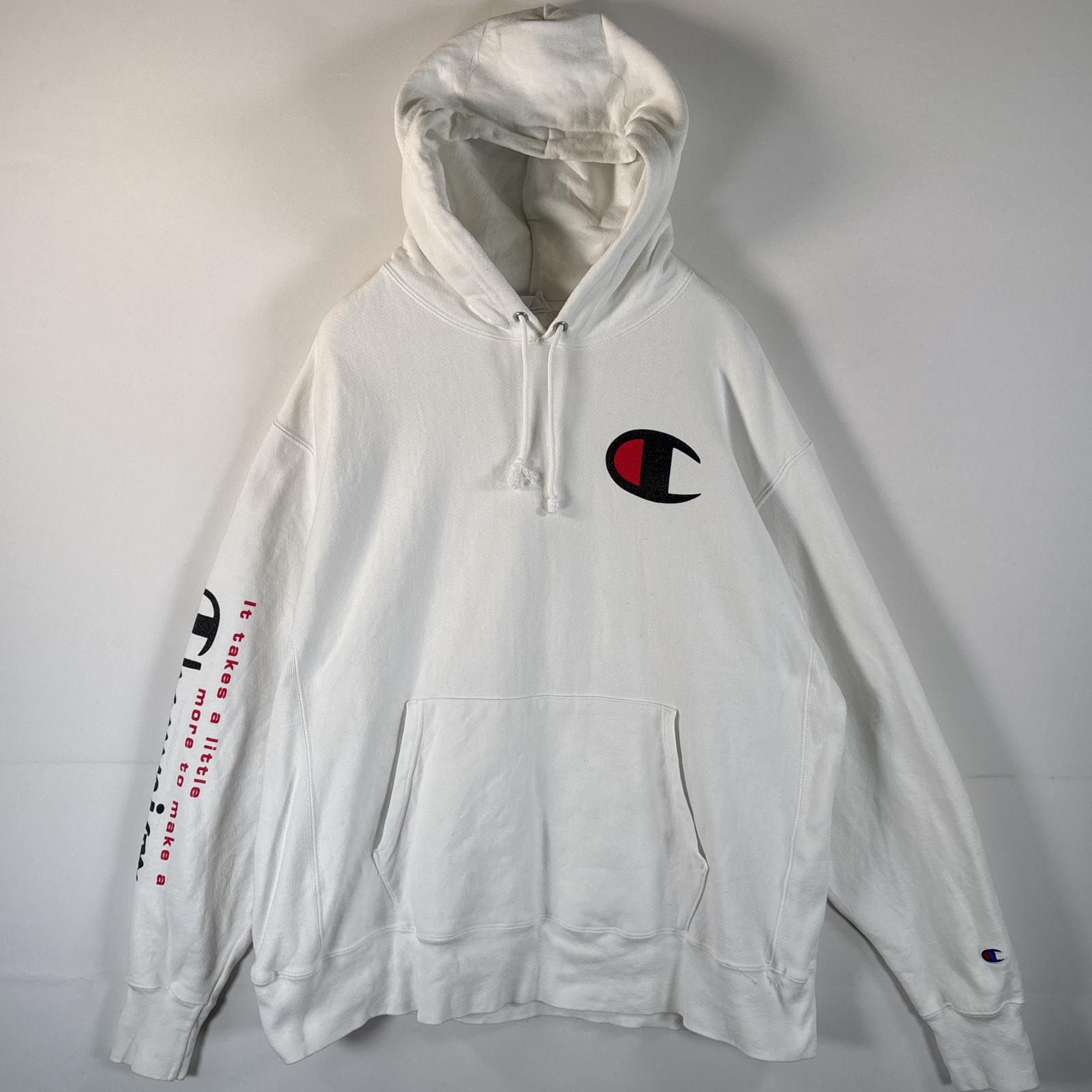 古着 チャンピオン Champion パーカー リバースウィーブ 大きいサイズ 復刻 フーディー ワンポイントロゴプリント 袖ロゴ X LARGE  ホワイト メンズ