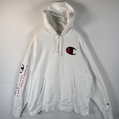 古着 チャンピオン Champion パーカー リバースウィーブ 大きいサイズ 復刻 フーディー ワンポイントロゴプリント 袖ロゴ X LARGE ホワイト メンズ
