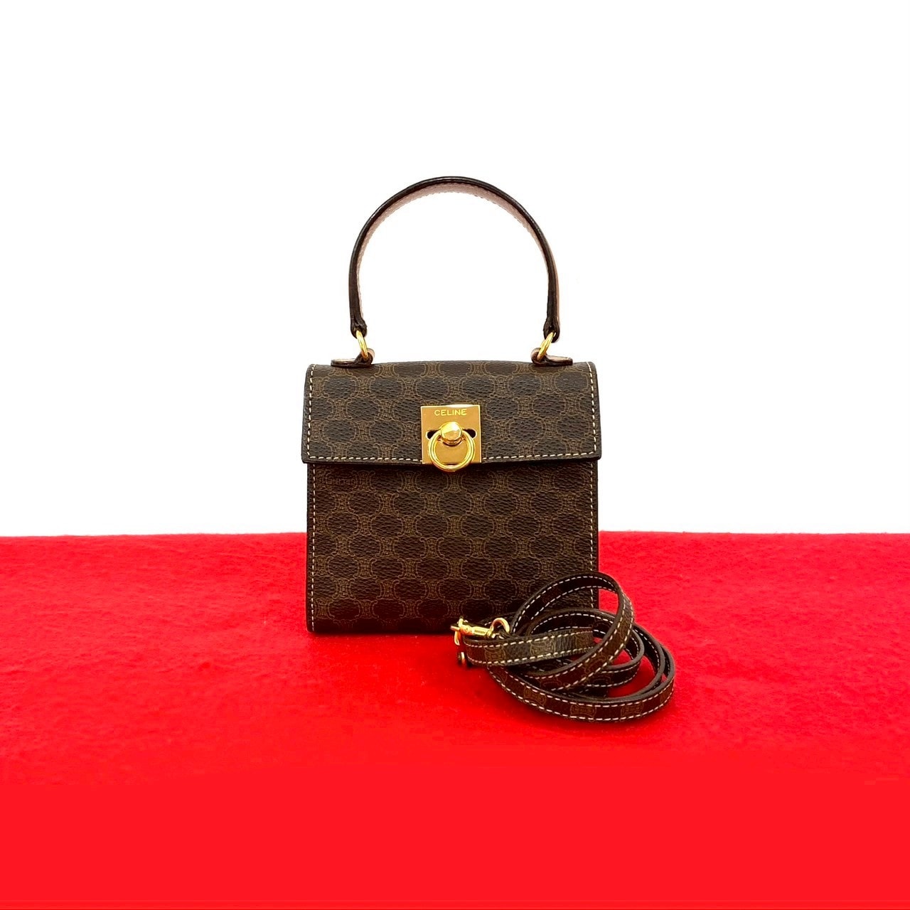 CELINE セリーヌ マカダム 柄 ロゴ リング 金具 レザー PVC ショルダーバッグ ブラウン
492-2