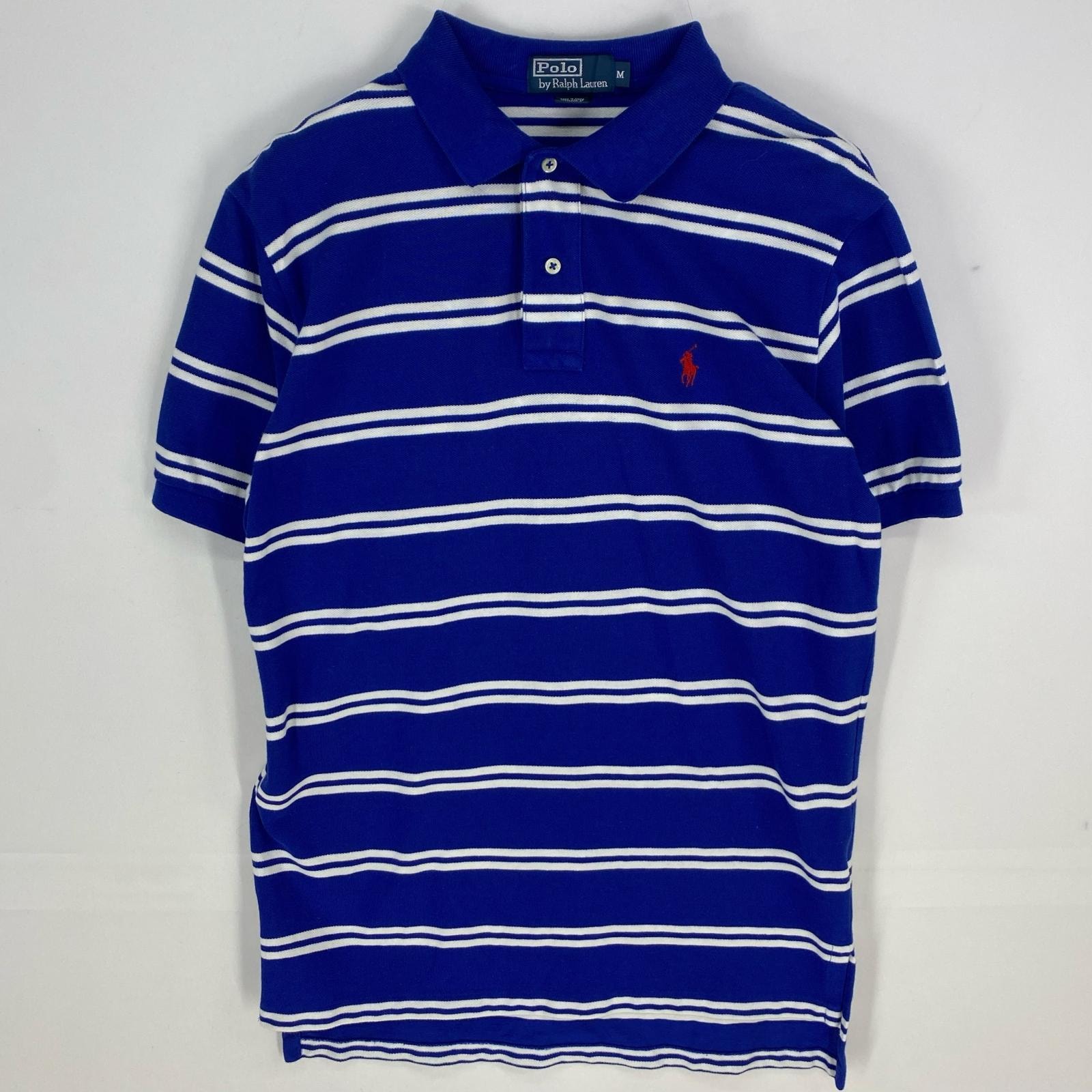 古着 ポロバイラルフローレン Polo by Ralph Lauren 鹿の子 半袖シャツ ワンポイント ポロシャツ M  ブルー系 ボーダー メンズ