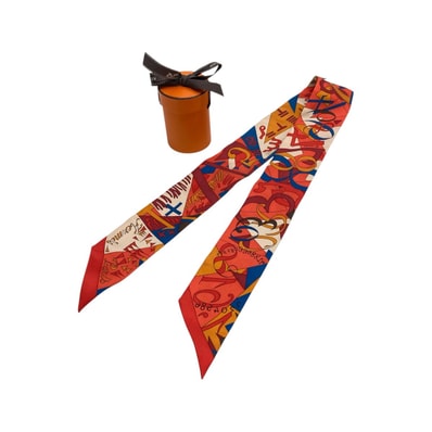 美品 HERMES エルメス ツイリー Le Nombre d’Or オレンジ ホワイト レッド シルク スカーフ リボンスカーフ 602375 【中古】