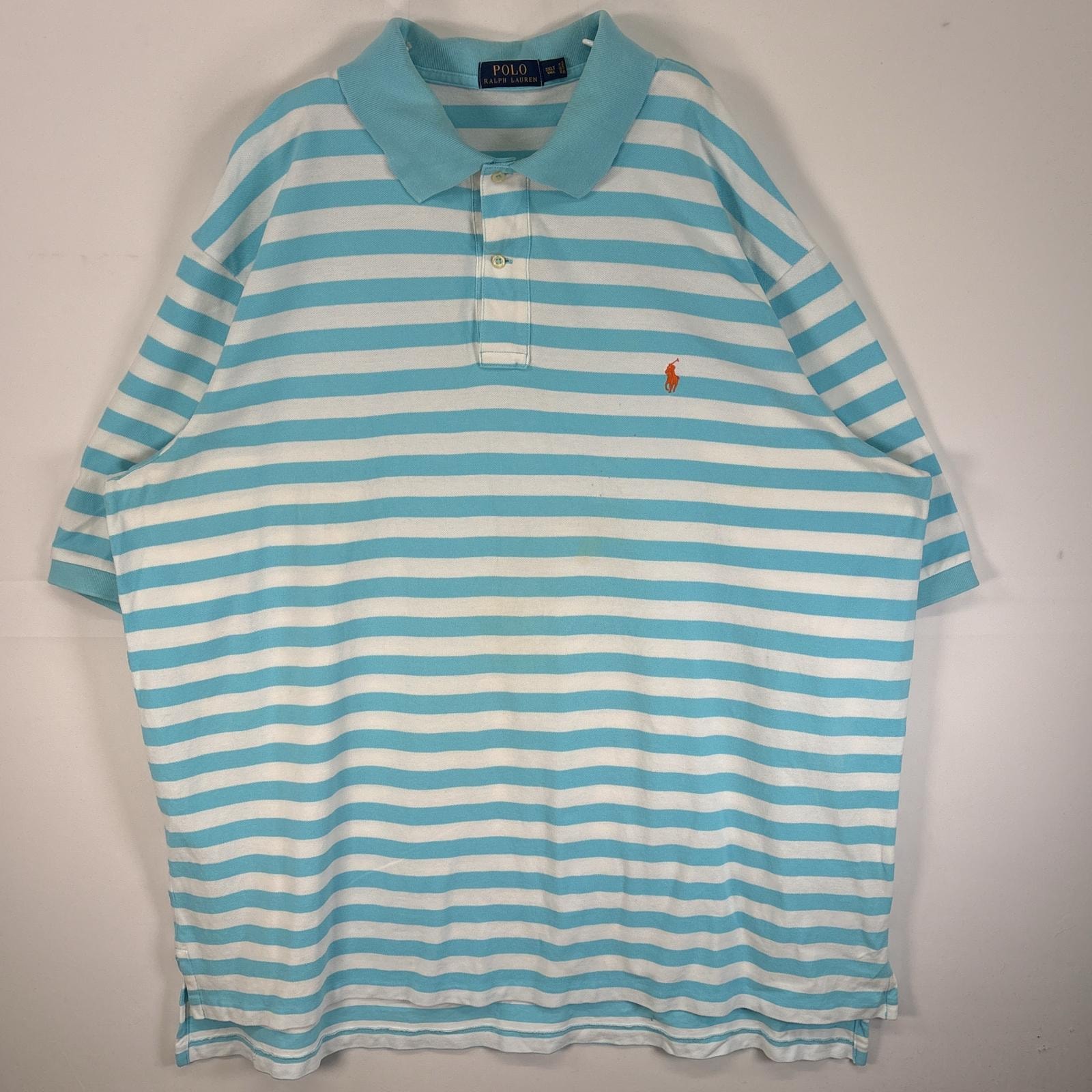 古着 ポロ・ラルフローレン POLO RALPH LAUREN 鹿の子 半袖 ポロシャツ ロゴ 刺繍 大きいサイズ 2ボタン 3XLT TALL 水色系 ボーダー メンズ