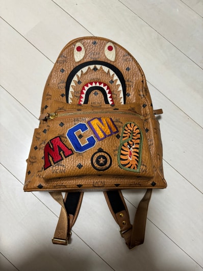 A BATHING APE / MCM Shark Stark Backpack Visetos Cognac "Brown"