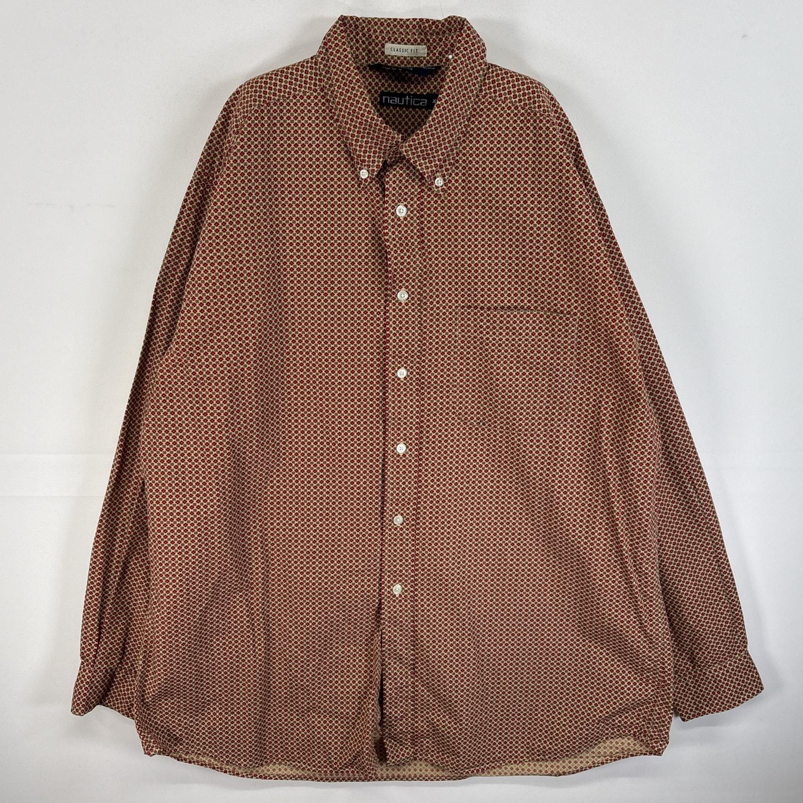 古着 90's/90年代 ノーティカ NAUTICA 長袖シャツ ボタンダウンシャツ 大きいサイズ 胸ポケ XL  レッド系 総柄 メンズ