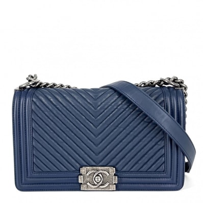 CHANEL シャネル ショルダーバッグ ココマーク ボーイシャネル チェーン シェブロン 肩掛け 斜め掛け レザー ネイビー 紺 シルバー金具 レディース【中古品】