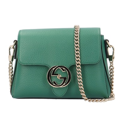 グッチ インターロッキングG ショルダーバッグ レザー 607720 グリーン レディース GUCCI 中古