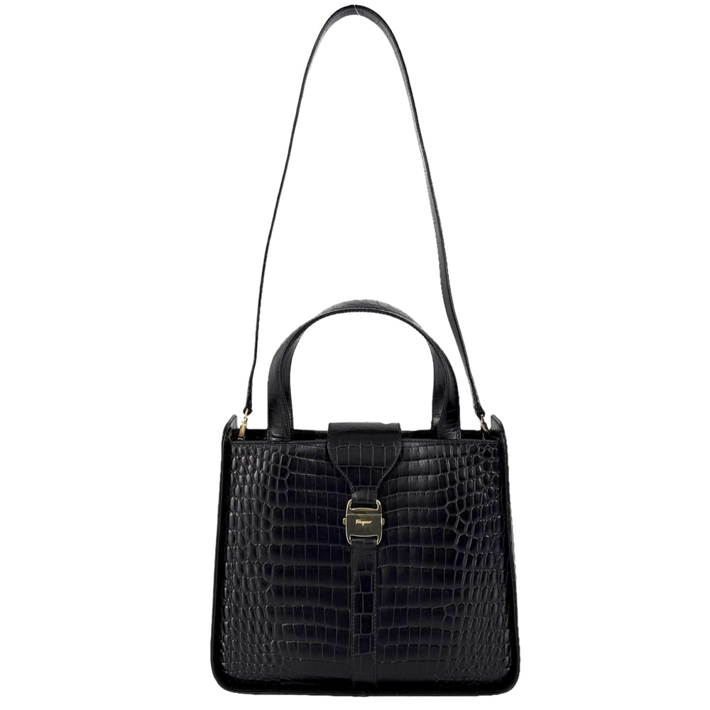 Salvatore Ferragamo サルヴァトーレフェラガモ 2WAY クロコ型押し ショルダーバッグ ハンドバッグ 肩掛け かばん 鞄 DY-21 0239 レザー ブラック 黒 ゴールド金具 レディース【中古品】