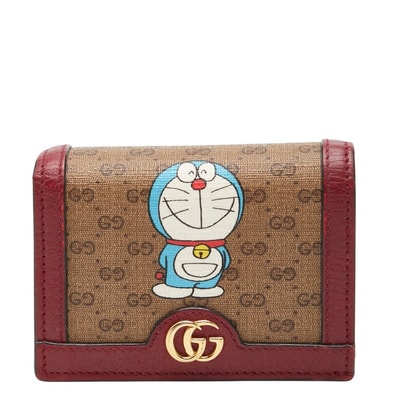 グッチ ミニGGスプリーム ドラえもん 二つ折り財布 647788 ベージュ ワインレッド系 PVC レザー レディース GUCCI 【中古】