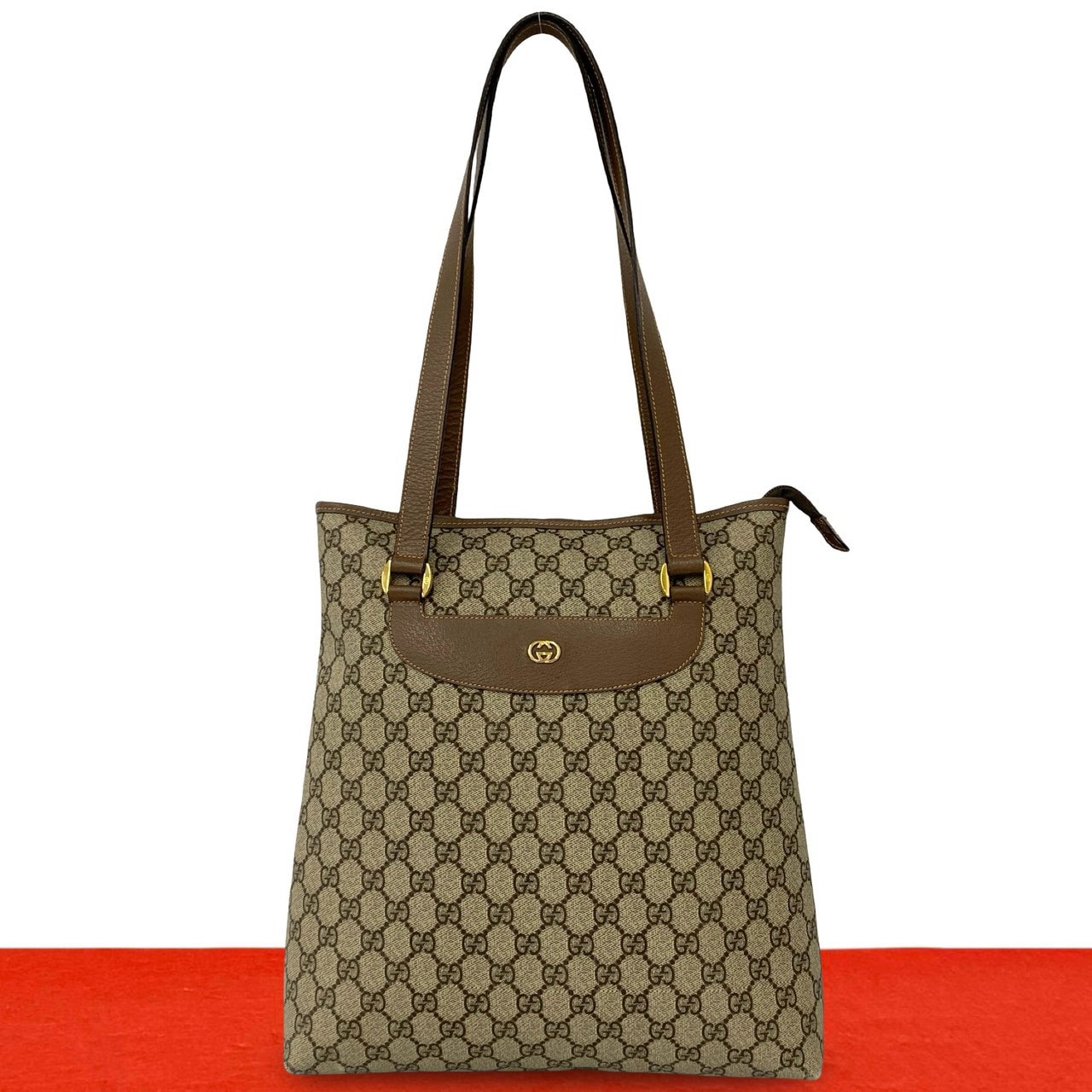 GUCCI グッチ GG ロゴ 柄 金具 レザー PVC トートバッグ ブラウン
 71137