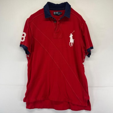 古着 ポロバイラルフローレン Polo by Ralph Lauren ラガーシャツ ビッグポニー ポロシャツ 鹿子 XL レッド系 ツートン メンズ