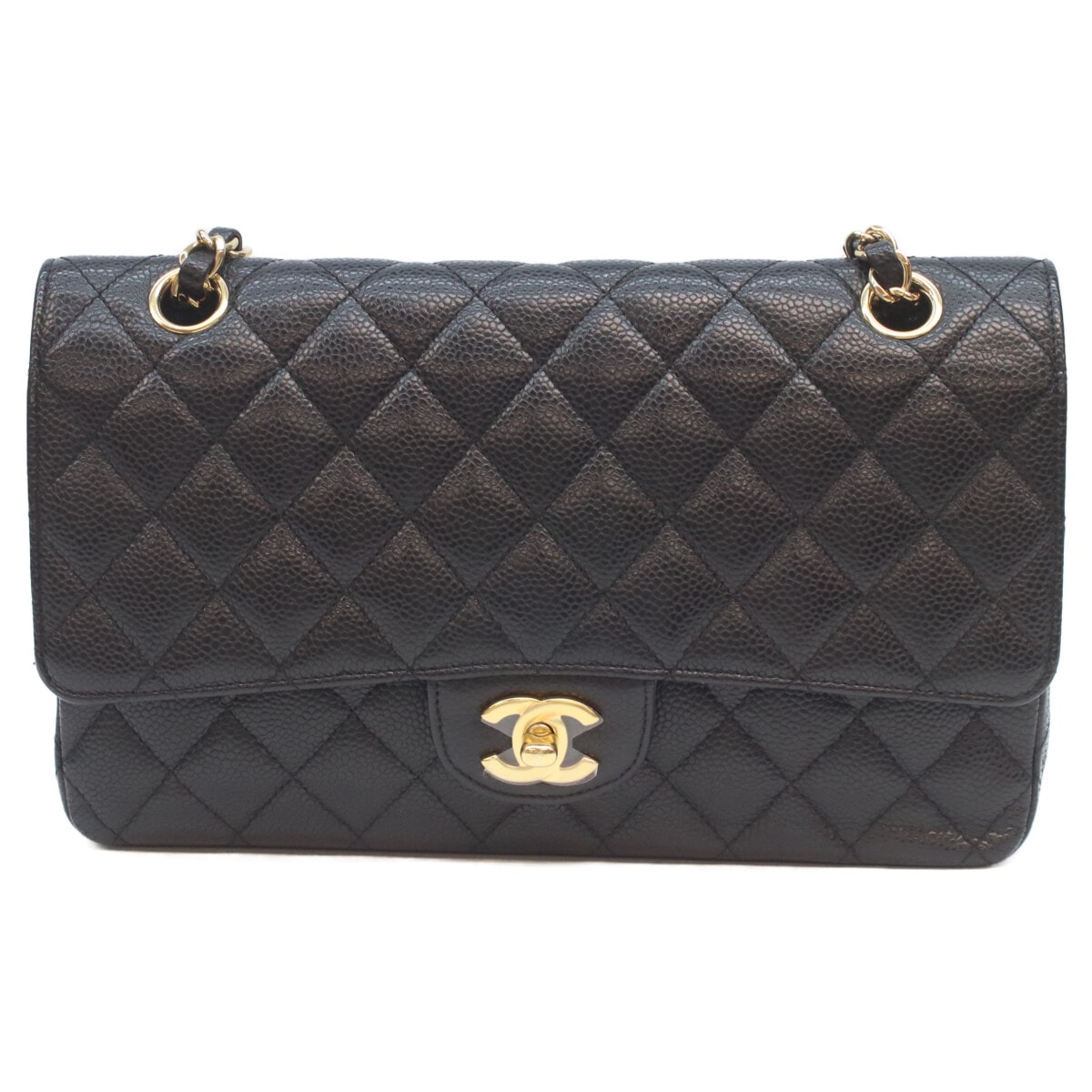 シャネル 19番 A01112 黒 キャビア ゴールド金具 ダブルフラップ マトラッセ25