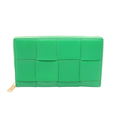 ボッテガヴェネタ BOTTEGA VENETA ジップアラウンドウォレット マキシイントレチャート ラウンド長財布 財布 レザー レディース グリーン系 【中古】
