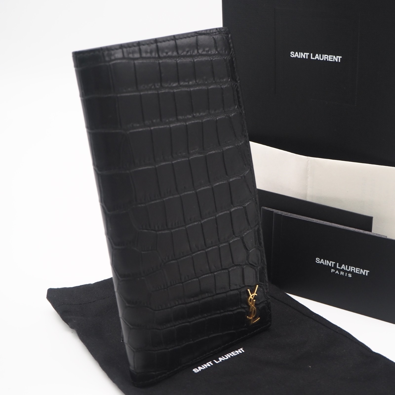 SAINT LAURENT サンローラン クロコ型押し タイニーモノグラム コンチネンタルウォレット 607746 長財布 ブラック クロコダイル カーフレザー メンズ