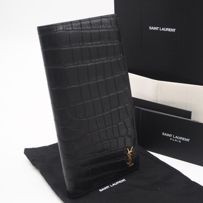 SAINT LAURENT サンローラン クロコ型押し タイニーモノグラム コンチネンタルウォレット 607746 長財布 ブラック クロコダイル カーフレザー メンズ
