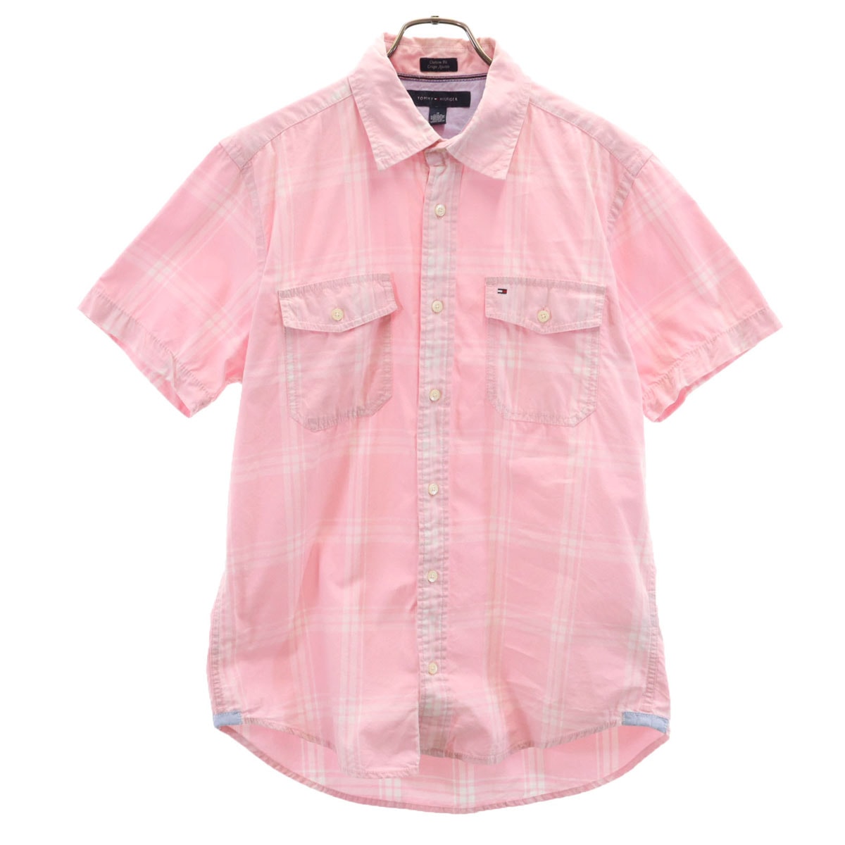 TOMMY HILFIGER トミーヒルフィガー チェック柄 半袖 カスタムフィット コットンシャツ M ピンク