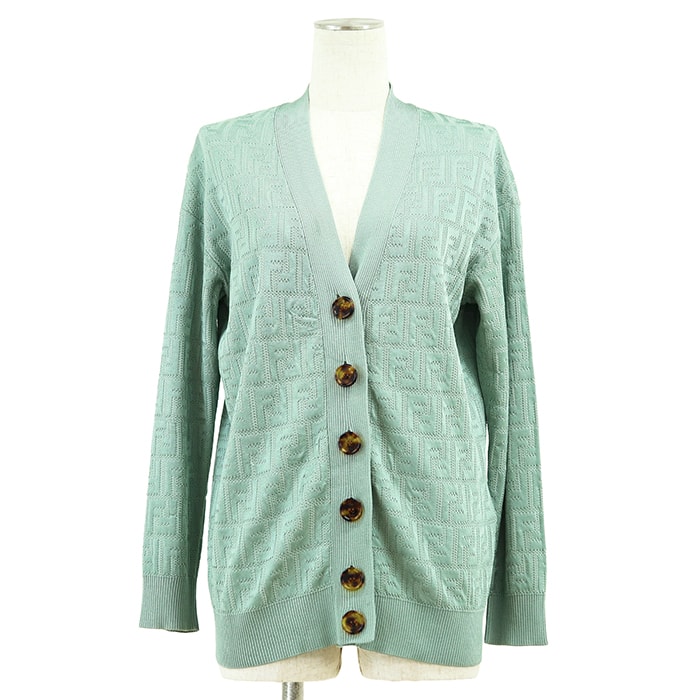 【美品】FENDI フェンディ ニット カーディガン サイズ 36 レディース  FF ロゴ ズッカ コットン/レーヨン 長袖 トップス ペールグリーン 緑 韓国製