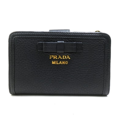 プラダ PRADA 二つ折り財布 レザー ブラック ゴールド レディース【中古】 e62022k
