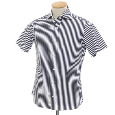 【中古】ビームスエフ BEAMS F コットン ストライプ ワイドカラー 半袖シャツ ネイビーxホワイト【サイズXS】【メンズ】