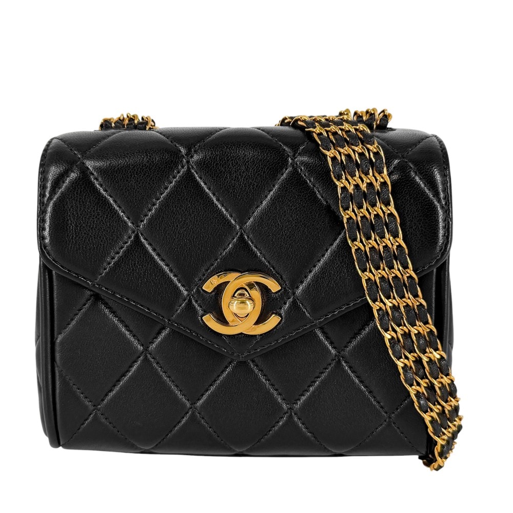 CHANEL シャネル ショルダーバッグ ミニマトラッセ 4連チェーン ターンロック 肩掛け 斜め掛け Mini Matelasse ヴィンテージ ココマーク ラムスキン    ブラック 黒 ゴールド金具 レディース【中古品】