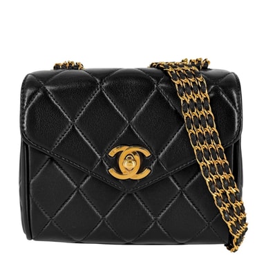 CHANEL シャネル ショルダーバッグ ミニマトラッセ 4連チェーン ターンロック 肩掛け 斜め掛け Mini Matelasse ヴィンテージ ココマーク ラムスキン ブラック 黒 ゴールド金具 レディース【中古品】
