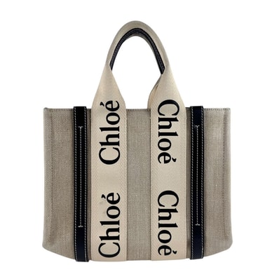 クロエ Chloe ハンドバッグ Woody スモール キャンバス/レザー ベージュ×ブラック レディース【中古】 z8140