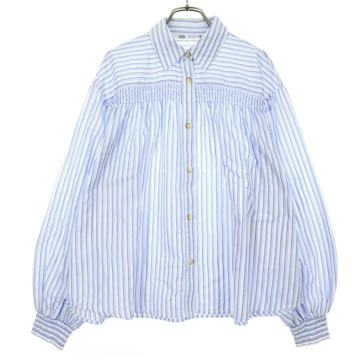 ZARA ザラ ストライプ柄 長袖 ギャザー ワイドシルエット ブラウス M ライトブルー