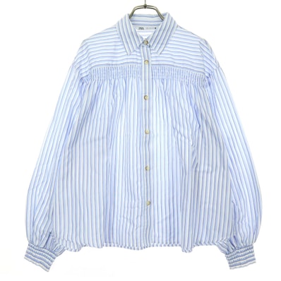 ZARA ザラ ストライプ柄 長袖 ギャザー ワイドシルエット ブラウス M ライトブルー