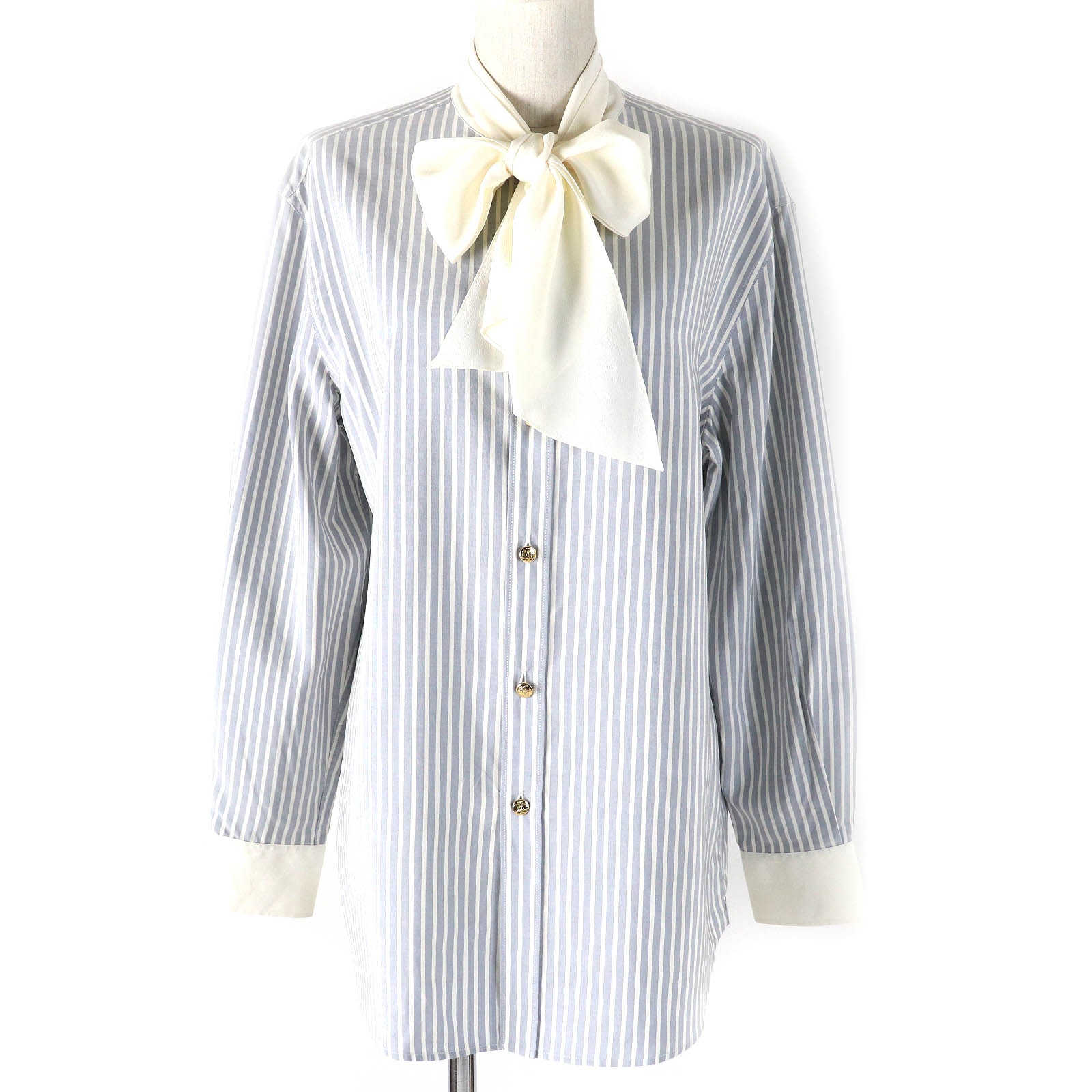美品 セリーヌ 長袖シャツ ブルー ホワイト レディース 38 2C904562T