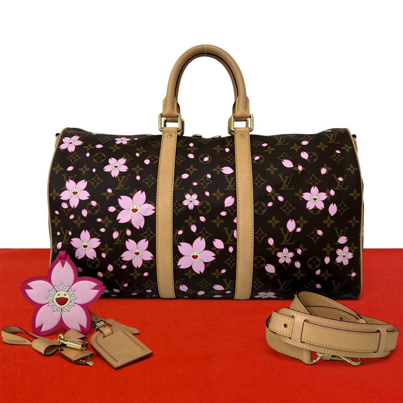 LOUIS VUITTON ルイヴィトン キーポル バンドリエール 45 モノグラム チェリーブロッサム 村上隆コラボ レザー PVC ショルダーバッグ ブラウン
 207-7