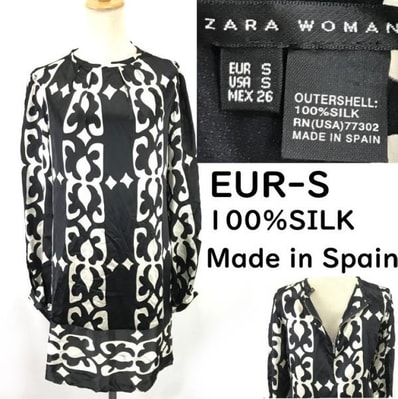 ザラ/ZARA WOMAN★シルク100%/長袖/シースルー/チュニック/春夏ワンピース【EUR-S(日本S-M程度/黒×白/black×white/総柄】◆cBH711