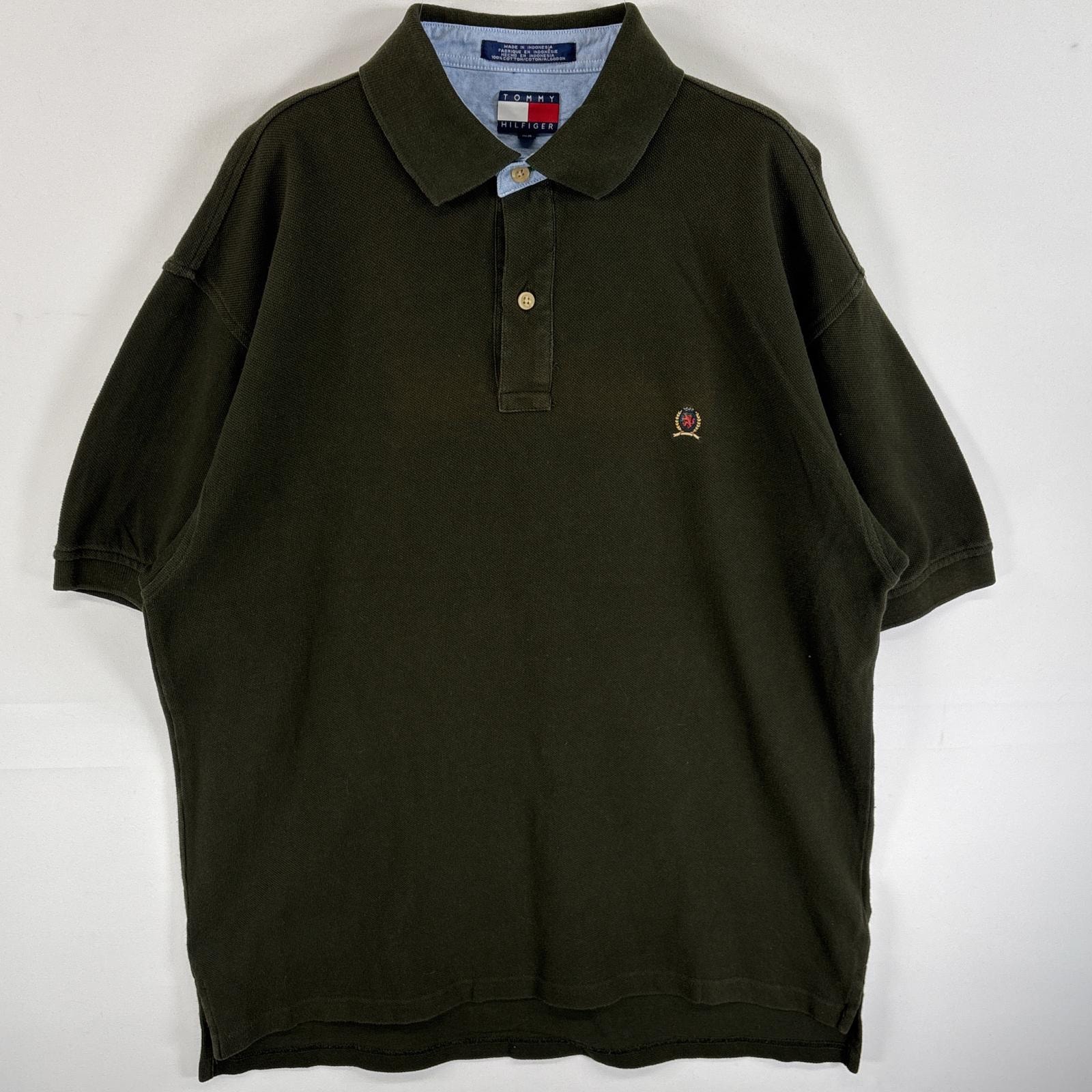古着 90's/90年代 トミーヒルフィガー TOMMY HILFIGER 鹿の子 半袖 ポロシャツ ワンポイント ロゴ 刺繍 フラッグタグ 2ボタン M  グリーン 無地 メンズ