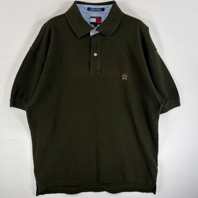 古着 90's/90年代 トミーヒルフィガー TOMMY HILFIGER 鹿の子 半袖 ポロシャツ ワンポイント ロゴ 刺繍 フラッグタグ 2ボタン M グリーン 無地 メンズ